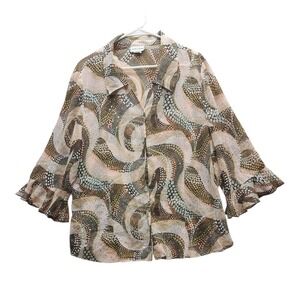 Sarah B Woman Blouse 2X Brown Beige Metallic Shimmer Ruffle Sleeve Button Front